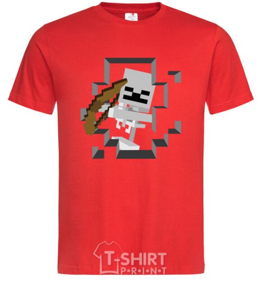 Men's T-Shirt Minecraft skeleton in a cave. red фото