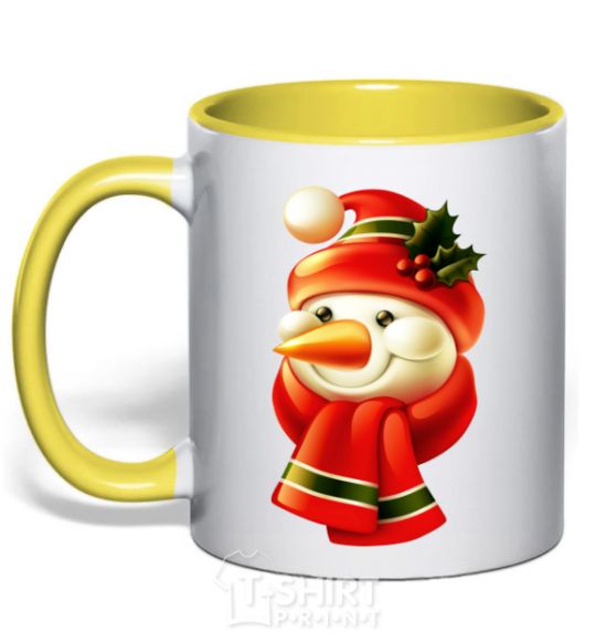 Mug with a colored handle New Year's snowman yellow фото