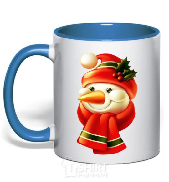 Mug with a colored handle New Year's snowman royal-blue фото