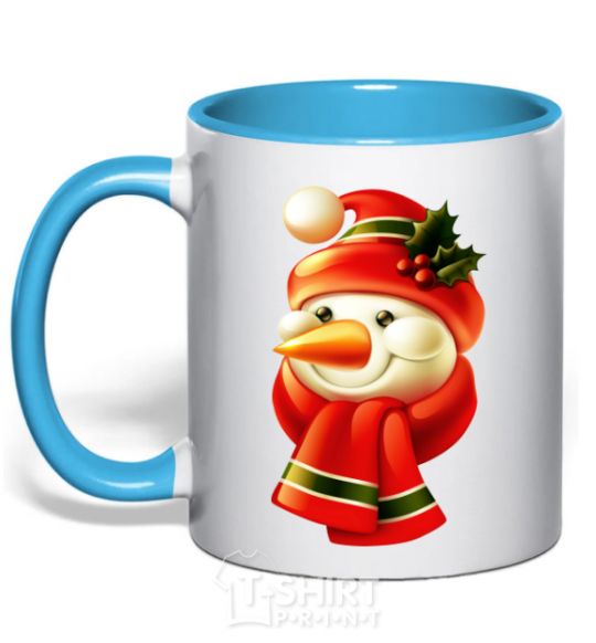 Mug with a colored handle New Year's snowman sky-blue фото