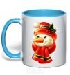 Mug with a colored handle New Year's snowman sky-blue фото