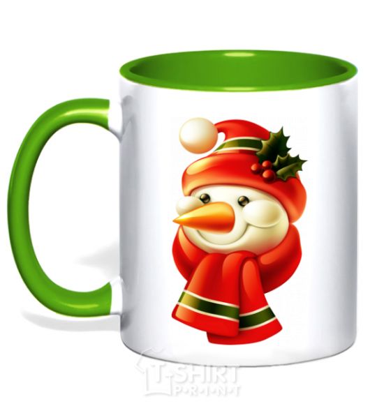 Mug with a colored handle New Year's snowman kelly-green фото