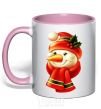 Mug with a colored handle New Year's snowman light-pink фото