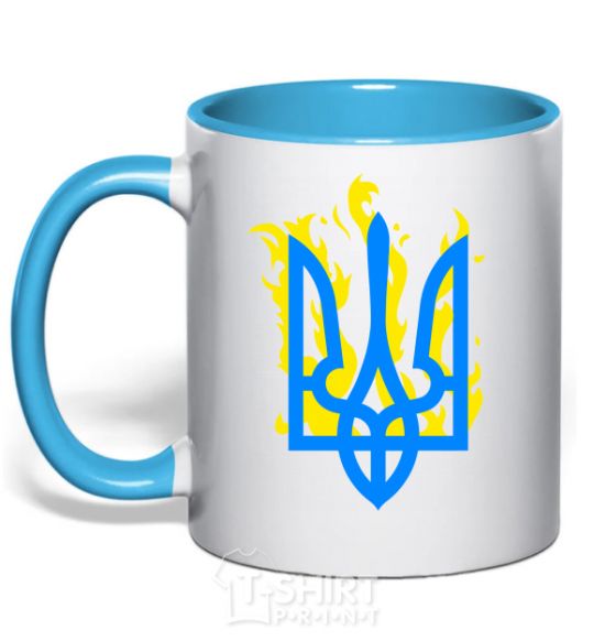 Mug with a colored handle A coat of arms with fire sky-blue фото