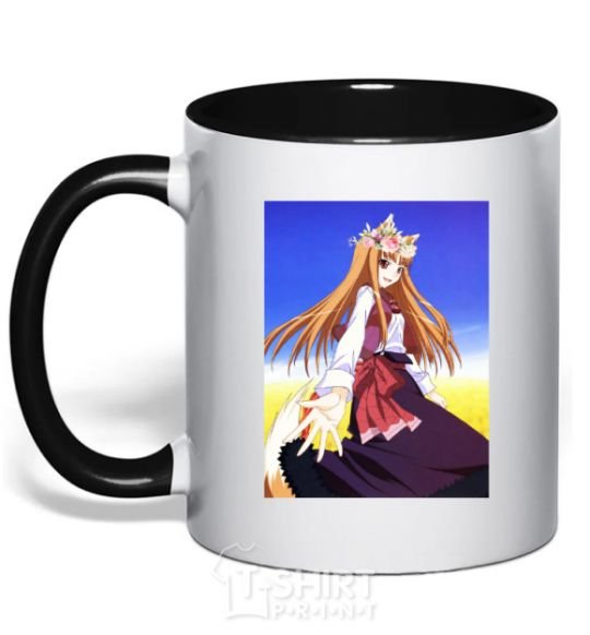 Mug with a colored handle The wolf and spice Ukrainian anime black фото