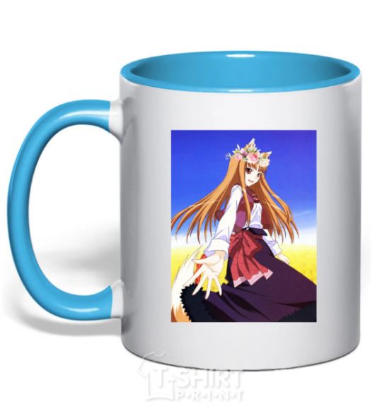 Mug with a colored handle The wolf and spice Ukrainian anime sky-blue фото