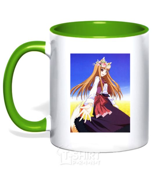 Mug with a colored handle The wolf and spice Ukrainian anime kelly-green фото