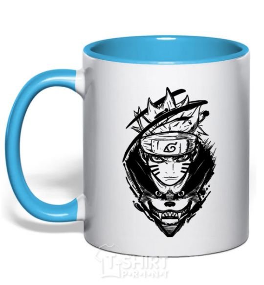 Mug with a colored handle Naruto fox silhouette sky-blue фото