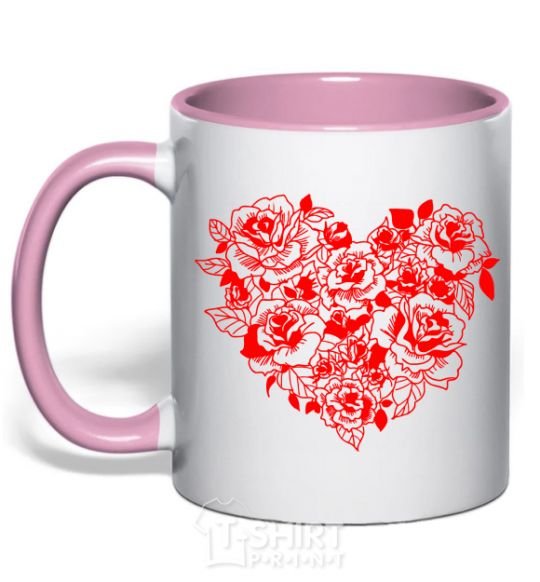 Mug with a colored handle Rose heart light-pink фото