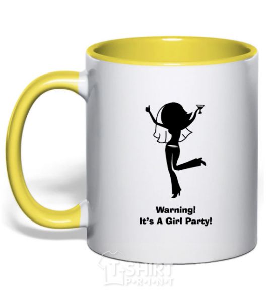 Mug with a colored handle Warning it is a girl party yellow фото