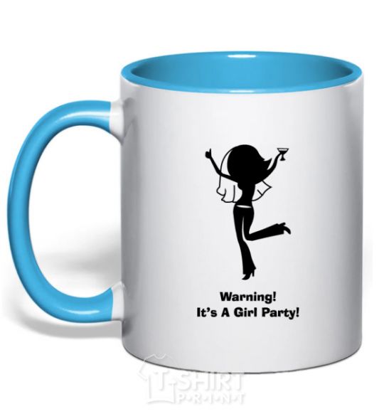 Mug with a colored handle Warning it is a girl party sky-blue фото