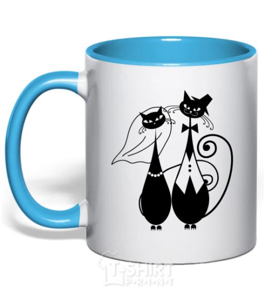 Mug with a colored handle Wedding cat sky-blue фото