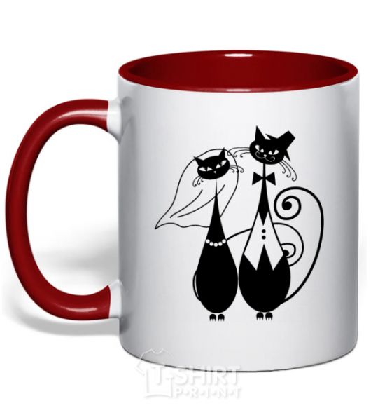 Mug with a colored handle Wedding cat red фото
