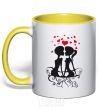 Mug with a colored handle Couple on a bench yellow фото