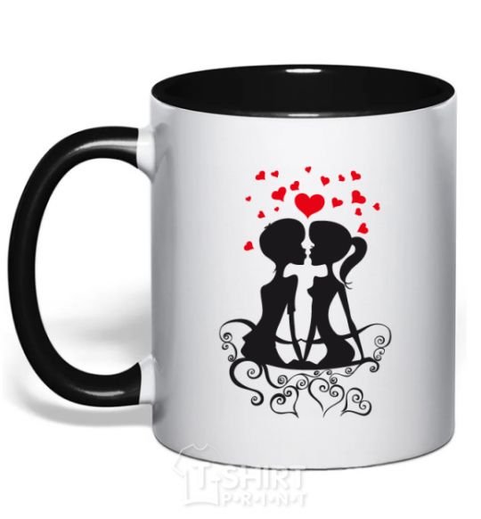 Mug with a colored handle Couple on a bench black фото