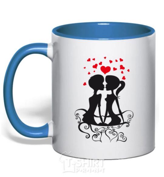 Mug with a colored handle Couple on a bench royal-blue фото