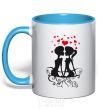 Mug with a colored handle Couple on a bench sky-blue фото