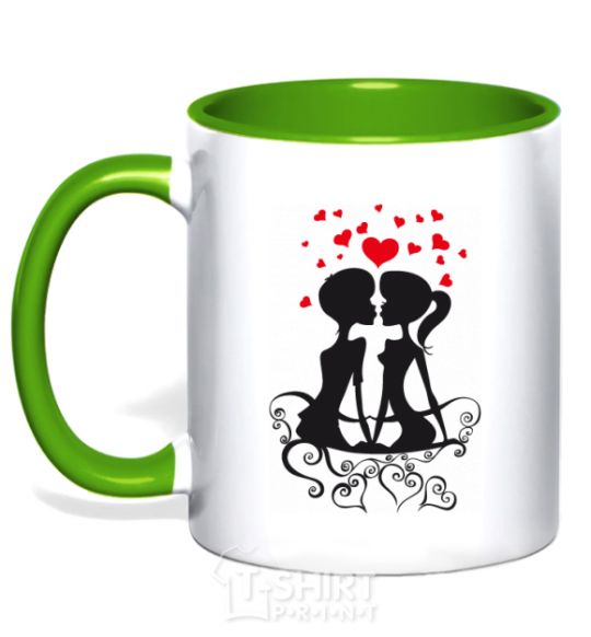 Mug with a colored handle Couple on a bench kelly-green фото