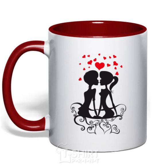 Mug with a colored handle Couple on a bench red фото