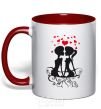 Mug with a colored handle Couple on a bench red фото