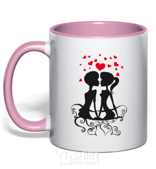 Mug with a colored handle Couple on a bench light-pink фото