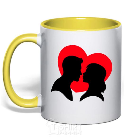 Mug with a colored handle Beloved couple silhouette yellow фото