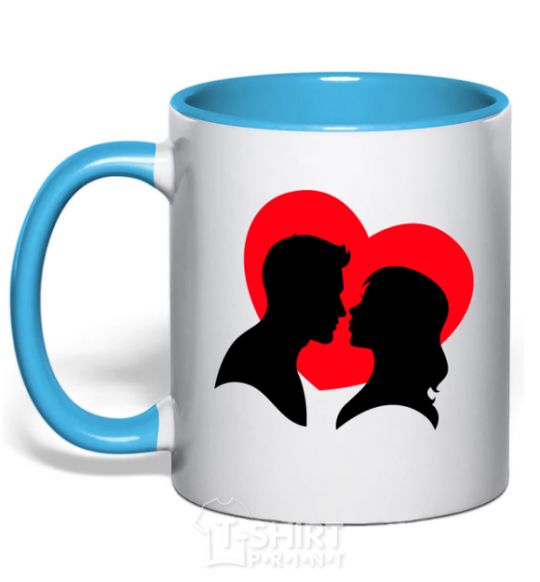 Mug with a colored handle Beloved couple silhouette sky-blue фото