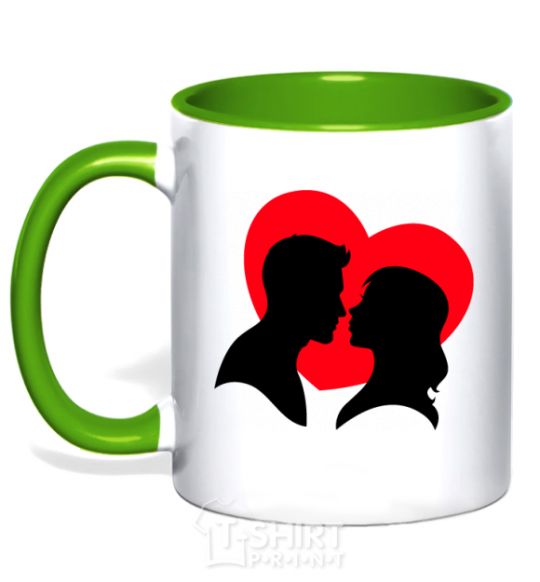 Mug with a colored handle Beloved couple silhouette kelly-green фото