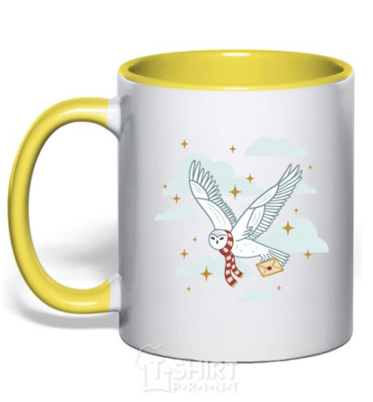 Mug with a colored handle Harry Potter Owl yellow фото
