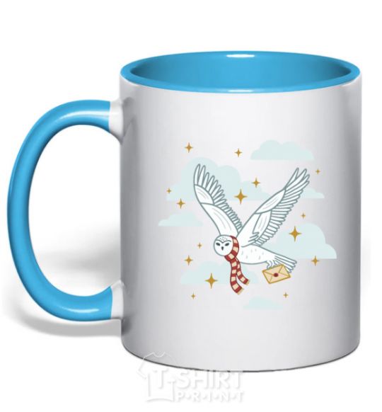 Mug with a colored handle Harry Potter Owl sky-blue фото