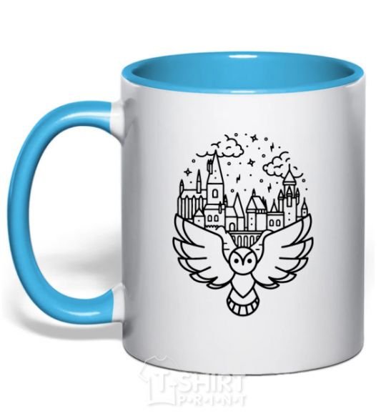 Mug with a colored handle Hogwarts owl sky-blue фото