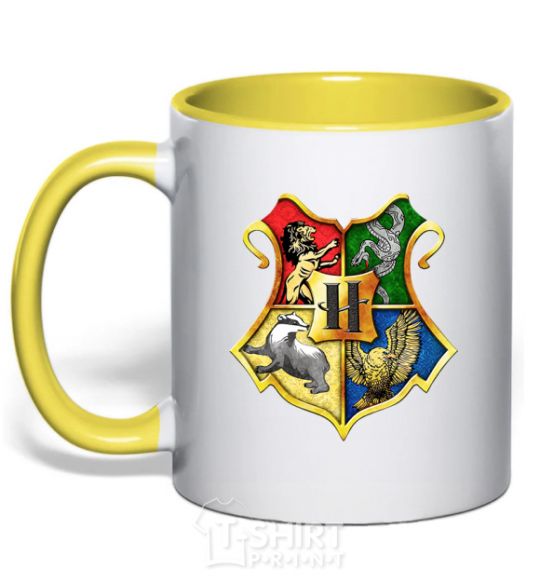 Mug with a colored handle Hogwarts crest yellow фото