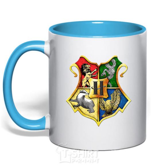 Mug with a colored handle Hogwarts crest sky-blue фото