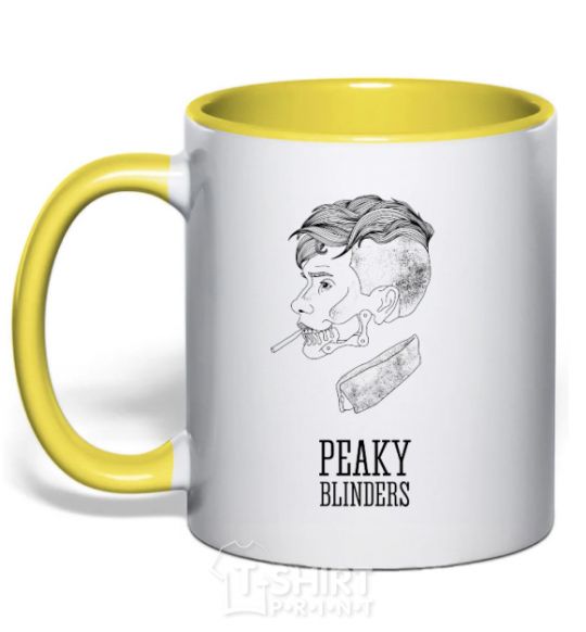 Mug with a colored handle Sharp visors are white yellow фото