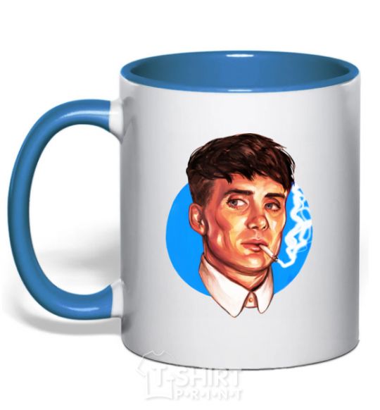 Mug with a colored handle Thomas Shelby with a Sharpie cigarette royal-blue фото