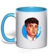 Mug with a colored handle Thomas Shelby with a Sharpie cigarette sky-blue фото