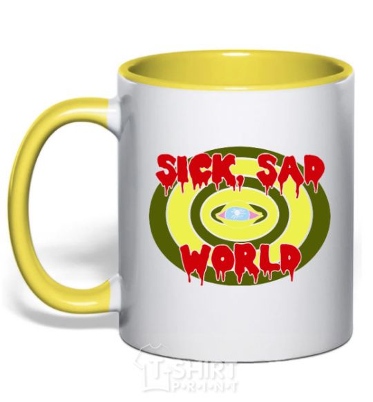 Mug with a colored handle Sick world yellow фото
