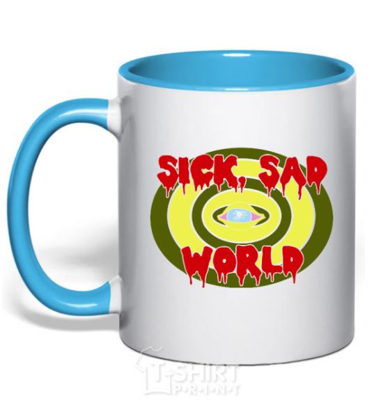Mug with a colored handle Sick world sky-blue фото