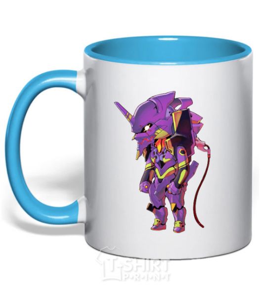 Mug with a colored handle Evangelion robot anime sky-blue фото