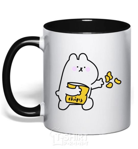 Mug with a colored handle Steamed bunny chips black фото