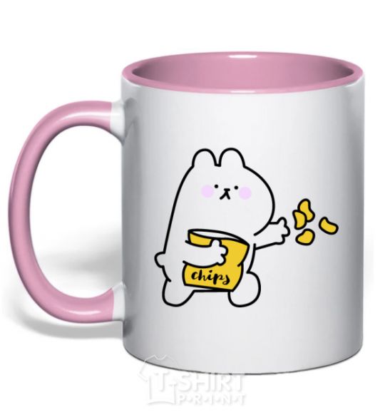 Mug with a colored handle Steamed bunny chips light-pink фото