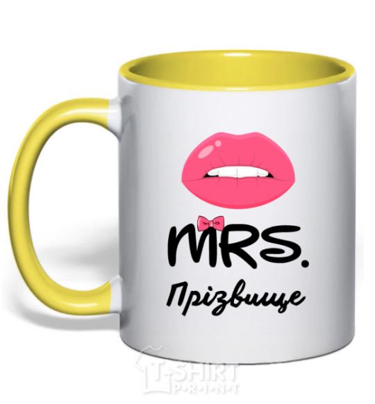 Mug with a colored handle Mrs. last name yellow фото