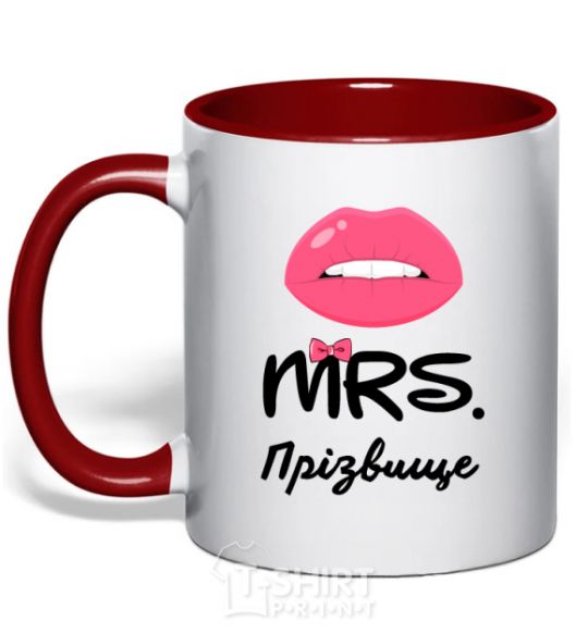 Mug with a colored handle Mrs. last name red фото