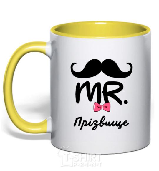 Mug with a colored handle Mr. last name yellow фото