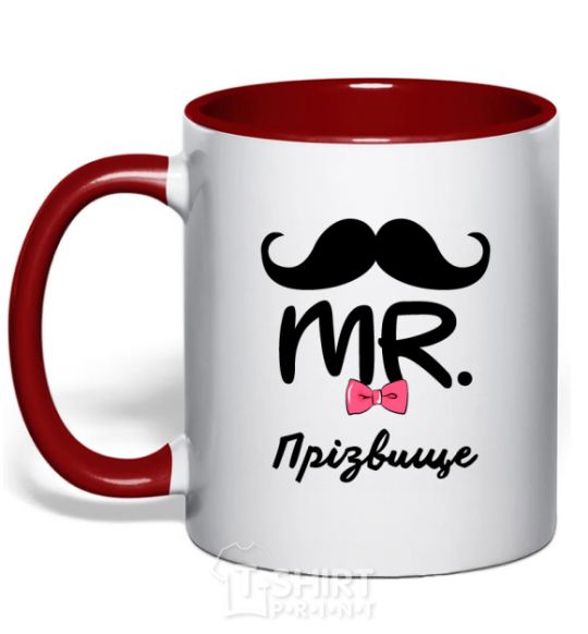 Mug with a colored handle Mr. last name red фото