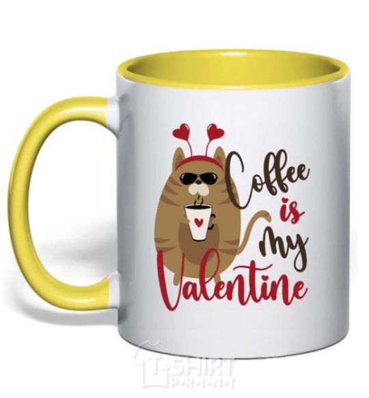 Mug with a colored handle Coffe is my valentine yellow фото