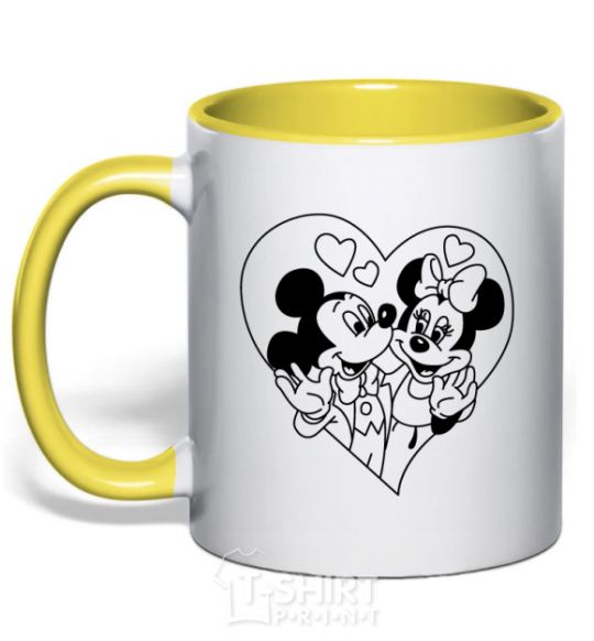 Mug with a colored handle Mickey Mouse is in love b&w yellow фото