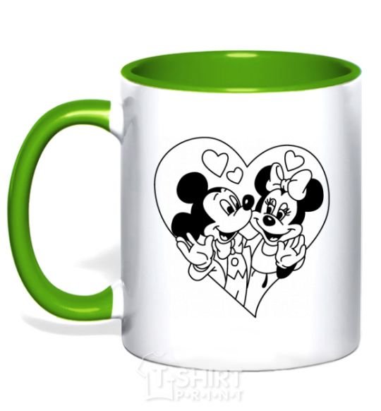 Mug with a colored handle Mickey Mouse is in love b&w kelly-green фото