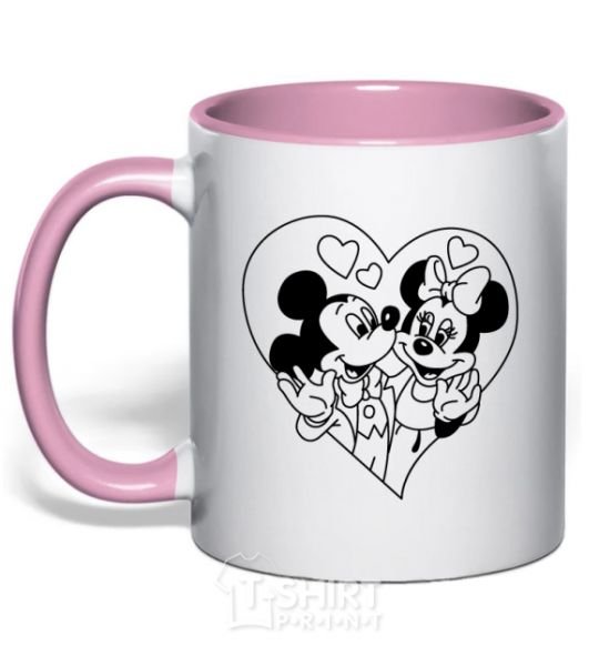 Mug with a colored handle Mickey Mouse is in love b&w light-pink фото