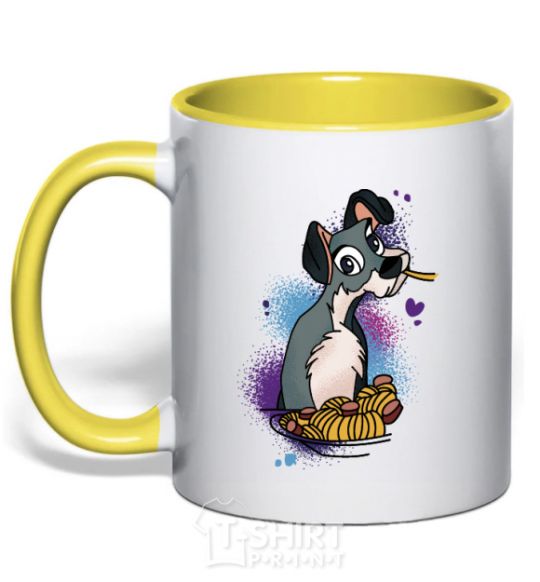 Mug with a colored handle Dog Noodle Lady and the Tramp yellow фото